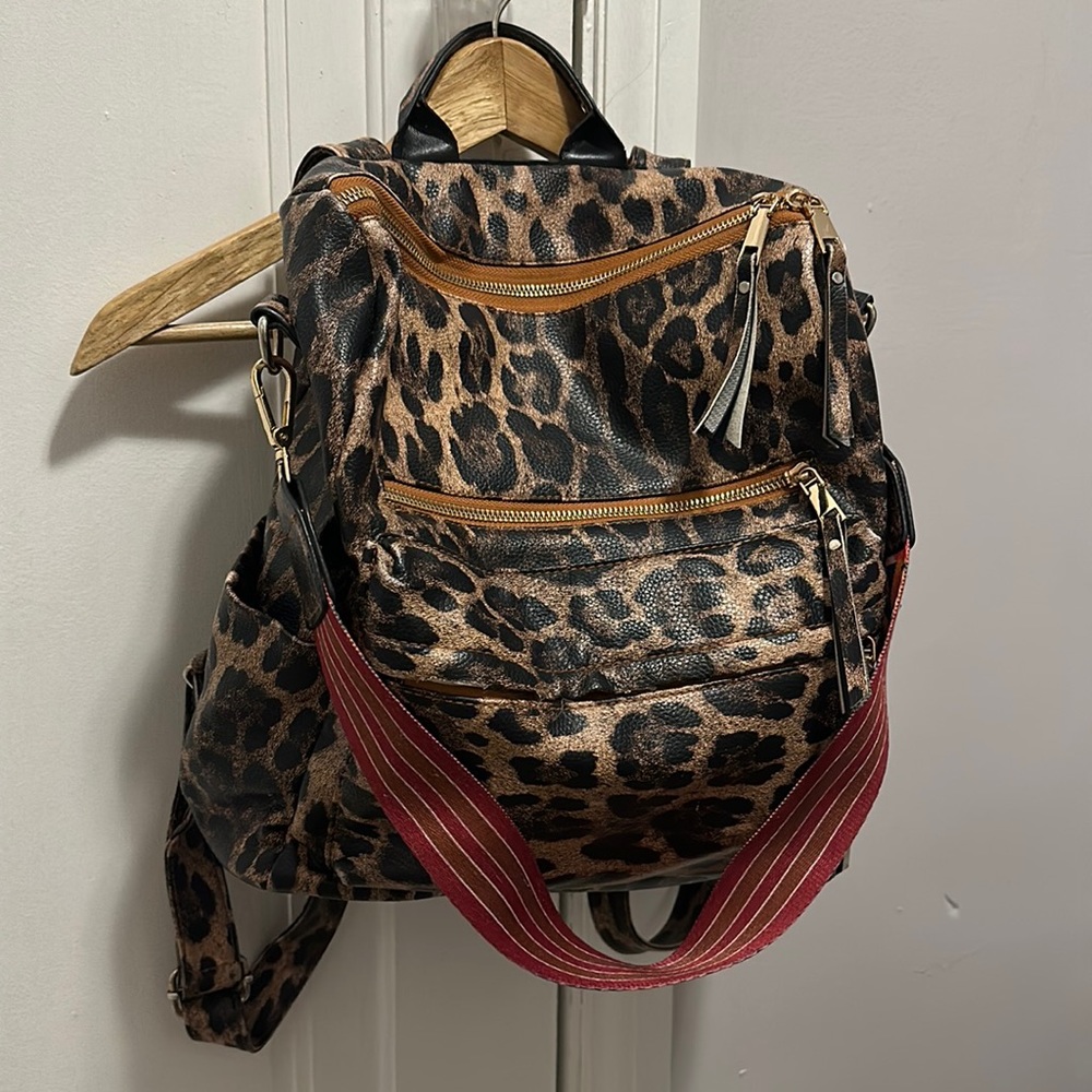 Leopard Print Women's Backpack with Red Accent Strap